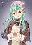  aqua_hair beanie blush brown_eyes byte_(allbyte) coat hair_between_eyes hair_ornament hairclip hat highres kantai_collection long_hair looking_at_viewer open_mouth scarf smile snow snowing solo suzuya_(kantai_collection) 