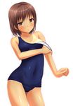  brown_eyes brown_hair eyebrows_visible_through_hair ki_(kk-sk-ray) old_school_swimsuit one-piece_swimsuit one-piece_tan original school_swimsuit short_hair simple_background solo swimsuit swimsuit_pull tan tanline 