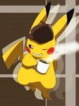  coffee commentary_request cup detective_pikachu full_body fuusuke_(nekomanma38laugh) gen_1_pokemon great_detective_pikachu:_the_birth_of_a_new_duo grin hat holding holding_cup looking_at_viewer mug no_humans one_eye_closed pikachu pokemon pokemon_(creature) smile solo steam 