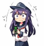  akatsuki_(kantai_collection) anchor_symbol drink energy_drink flat_cap hat kanikama kantai_collection long_hair looking_at_viewer messy_hair monster_energy neckerchief purple_eyes purple_hair red_neckwear school_uniform serafuku solo wide-eyed 