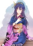  alternate_costume blue_eyes blue_hair blush fire_emblem fire_emblem:_kakusei floral_print highres japanese_clothes kimono long_hair lucina obi print_kimono sash sitting smile solo tiara tusia 