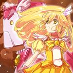  blonde_hair bow brooch brown_background choker cowboy_shot cure_happy cure_peace hair_flaps happy_robo jewelry kise_yayoi long_hair magical_girl mirrrrr precure puffy_sleeves robot skirt smile_precure! yellow_bow yellow_eyes yellow_skirt 