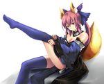  aliasing animal_ears breasts caster_(fate/extra) cleavage demonk dressing fate/extra fate/stay_night foxgirl pink_hair tail thighhighs yellow_eyes 