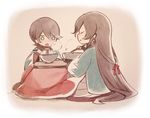  :t black_hair blue_eyes chopsticks closed_eyes eating food hanokage haori horikawa_kunihiro izumi-no-kami_kanesada japanese_clothes kotatsu long_hair male_focus multiple_boys noodles open_mouth shinsengumi sitting table touken_ranbu very_long_hair 