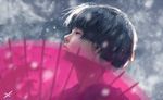  bangs black_hair blunt_bangs blurry bob_cut copyright_name depth_of_field eyelashes from_side ghostblade logo looking_up motion_blur oriental_umbrella outdoors parted_lips pink_lips portrait profile realistic red_eyes short_hair snow snow_on_head snowing solo tears transparent umbrella wlop 
