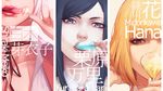  black_hair blonde_hair blue_eyes brown_eyes candy character_name choker close-up cup drinking_glass face food hands heart heart-shaped_pupils highres kurihara_mari_(prison_school) light_smile lips lipstick lollipop long_hair looking_at_viewer makeup midorikawa_hana mouth multiple_girls nose popsicle prison_school red_background shiraki_meiko short_hair silver_hair simple_background symbol-shaped_pupils tongue tongue_out vocky wine_glass 