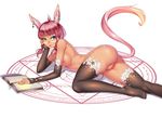  animal_ears anus bicolored_eyes book braids breasts final_fantasy_xiv lucknight magic miqo&#039;te nipples nude pink_hair pussy tail thighhighs uncensored 