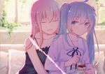  2girls aliasing aqua_eyes aqua_hair cherry food fruit hatsune_miku long_hair megurine_luka mimengfeixue pink_hair twintails vocaloid 