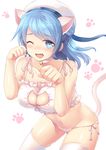  animal_ears bell blue_eyes blue_hair breasts cat_ears cat_lingerie cat_tail fang hat izumi_akane jingle_bell kantai_collection large_breasts long_hair meme_attire navel one_eye_closed panties side-tie_panties smile solo tail thighhighs underwear urakaze_(kantai_collection) white_hat 