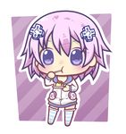  blush chibi eating food hair_ornament karin_usami looking_at_viewer neptune_(choujigen_game_neptune) neptune_(series) plate purple_eyes purple_hair short_hair solo spoon spoon_in_mouth striped striped_legwear thighhighs 