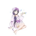  aqua_eyes barefoot bubble_blowing full_body hair_over_shoulder instrument long_hair long_sleeves looking_at_viewer love_live! love_live!_school_idol_project low-tied_long_hair official_art purple_ribbon ribbon smile solo thighlet toujou_nozomi transparent_background trumpet 
