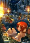  2016 ahoge animal_ears breasts eyelashes fire freckles from_behind ice japanese_macaque knees_up light_smile looking_at_viewer looking_back medium_breasts monkey monkey_ears night nude onsen orange_eyes original outdoors partially_submerged red_hair rock shio_combo short_hair sitting snow snowing solo water waterfall wet 