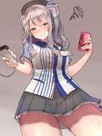  alternate_costume ass_visible_through_thighs baffu barcode_scanner beret blue_eyes blush box character_name closed_mouth collared_shirt condom_box cowboy_shot dress_shirt employee_uniform frills gradient gradient_background grey_background grey_hair grey_skirt hair_ornament hat highres holding kantai_collection kashima_(kantai_collection) lawson long_hair looking_at_viewer miniskirt name_tag panties pantyshot pleated_skirt shirt short_sleeves silver_hair simple_background skirt smile solo squiggle store_clerk striped sweat two_side_up underwear uniform upskirt white_panties 