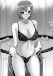  blush bottle bra breasts cleavage cowboy_shot greyscale hair_dryer highres iruma_kamiri large_breasts monochrome panties rio_rollins short_hair sink smile soap_bottle solo super_blackjack underwear 