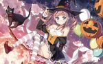  black_cat blue_eyes blush cat chiyoda_momoka cloud halloween hat highres kantoku koi_suru_kanojo_no_bukiyou_na_butai panties pink_hair sky striped striped_legwear thighhighs twintails underwear white_panties witch witch_hat 