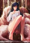  ahri animal_ears barefoot blue_panties blush bow bra cat_ears closed_mouth covering covering_crotch dripping embarrassed eyebrows eyebrows_visible_through_hair eyelashes feet fox_tail goomrrat hair_between_eyes korean_clothes league_of_legends long_hair looking_at_viewer multiple_tails no_pants panties partially_visible_vulva see-through sitting soap_bubbles solo suggestive_fluid tail tree_stump underwear uneven_eyes water wet wet_clothes whisker_markings white_bow white_bra wooden_wall yellow_eyes 