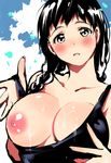  bad_id bad_pixiv_id black_hair black_swimsuit braid breasts hair_over_shoulder huge_breasts long_hair nipples original shiny shiny_skin solo swimsuit twin_braids uekan yellow_eyes 