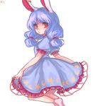  animal_ears blue_dress blue_hair blush bunny_ears dress long_hair looking_at_viewer low_twintails open_mouth puffy_sleeves red_eyes seiran_(touhou) shan short_sleeves signature simple_background skirt_hold socks solo touhou twintails white_background white_legwear 