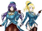  atago_(kantai_collection) atago_(kantai_collection)_(cosplay) ayase_eli black_gloves black_legwear blonde_hair blue_eyes breasts commentary_request cosplay garter_straps gloves green_eyes hat huge_breasts kantai_collection long_hair love_live! love_live!_school_idol_project low_twintails military military_uniform multiple_girls nyantamaran one_side_up pantyhose pink_scrunchie ponytail purple_hair scrunchie skirt smile takao_(kantai_collection) takao_(kantai_collection)_(cosplay) thighhighs toujou_nozomi twintails uniform 