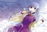  bow bowtie covering_mouth dress dutch_angle feathers jacket kishin_sagume long_sleeves looking_at_viewer lying on_back purple_dress red_eyes short_hair silver_hair single_wing solo suzune_yuuji touhou wings 