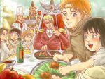  5boys apple armor arms_up banana basket belga_(hokuto_no_ken) blonde_hair blush bread buffet carrot chicken_leg child closed_eyes cloud cook cup day eating facial_mark food forehead_mark fork formal fruit headband highres hokuto_no_ken jewelry knife lifting looking_at_viewer looking_away looking_down looking_up multiple_boys multiple_girls neckerchief nisejuuji open_mouth orange_hair plate pyramid rem_(hokuto_no_ken) rice salad sauce shiva_(hokuto_no_ken) short_hair shoulder_pads sitting smile soldier soup souther steak strawberry table throne tomato turban twintails 