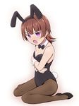  active_raid animal_ears bo11nn bow bowtie brown_hair bunny_ears bunny_tail bunnysuit detached_collar highres kazari_asami kneeling pantyhose purple_eyes short_hair solo tail wrist_cuffs 