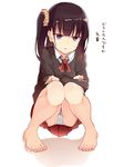  bare_legs barefoot batatata77 black_hair cameltoe feet hair_ornament hair_scrunchie original panties pantyshot pantyshot_(squatting) purple_eyes school_uniform scrunchie side_ponytail skirt solo squatting sweater underwear 