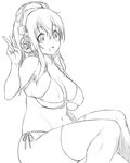  breasts cleavage greyscale headphones large_breasts lineart long_hair looking_at_viewer monochrome navel nitroplus onsoku_maru open_mouth solo super_sonico swimsuit thighhighs v 