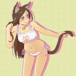  animal_ears bell bell_choker blush breasts brown_hair cat_cutout cat_ear_panties cat_ears cat_lingerie cat_tail checkered checkered_background choker cleavage cleavage_cutout fukusuke_hachi-gou green_eyes jingle_bell lips long_hair medium_breasts meme_attire navel original panties shadow side-tie_panties smile solo tail underwear underwear_only 