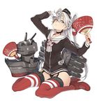  1girl absurdres amatsukaze_(kantai_collection) black_panties brown_dress brown_eyes choker collarbone dress fan garter_straps gloves hair_between_eyes hair_tubes hand_on_forehead hand_on_own_face highres holding holding_fan kantai_collection lifebuoy long_hair long_sleeves looking_at_viewer machinery panties rare red_legwear rensouhou-kun sailor_collar sailor_dress short_dress silver_hair simple_background single_glove sitting solid_oval_eyes striped striped_legwear thighhighs torpedo two_side_up underwear wariza white_background white_gloves windsock 