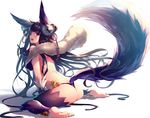  ahoge animal_ears ass back bad_id bad_pixiv_id bangs bare_back bare_shoulders barefoot bell between_legs black_bra black_gloves black_hair black_panties blunt_bangs bra breasts detached_leggings erune fang fox_ears fox_shadow_puppet fox_tail from_behind full_body fur gloves granblue_fantasy hair_bell hair_ornament hair_ribbon hand_between_legs highres jingle_bell kumashou_(nabeyama_kaidou) large_breasts long_hair looking_at_viewer looking_back open_mouth panties plantar_flexion purple_hair red_eyes red_ribbon ribbon shadow shawl simple_background sitting smile soles solo tail thong underwear very_long_hair wariza white_background yuel_(granblue_fantasy) 