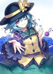  ainy77 bad_id bad_pixiv_id blue_flower blue_rose eyeball flower gradient gradient_background green_eyes green_hair hat hat_ribbon heart heart-shaped_pupils heart_of_string highres komeiji_koishi long_sleeves one_eye_closed open_hand outstretched_arm petals ribbon rose shirt short_hair skirt smile solo string symbol-shaped_pupils third_eye touhou wide_sleeves 