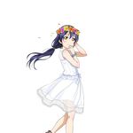  bangs blue_hair dress flower_bracelet from_side hand_in_hair hand_on_own_chin long_hair looking_at_viewer love_live! love_live!_school_idol_project low-tied_long_hair official_art petals see-through smile solo sonoda_umi sundress transparent_background white_dress yellow_eyes 