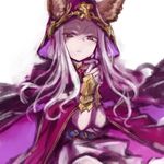  animal_ears bad_id bad_pixiv_id cloak ears_through_headwear erune granblue_fantasy hood hooded_cloak ikuhana_niiro long_hair looking_at_viewer parted_lips purple_hair red_eyes scathacha_(granblue_fantasy) simple_background solo white_background 