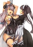  apron armpits arms_up back bangs bdsm belt between_breasts black_dress black_panties blunt_bangs blush bondage bound bound_wrists bow braid breasts brown_hair chain cowboy_shot cuffs cyoppu demon_horns dorothy_(granblue_fantasy) draph dress eyebrows eyebrows_visible_through_hair frills granblue_fantasy hair_bow hair_ornament hair_over_one_eye hand_under_clothes highres horns juliet_sleeves large_breasts lavender_hair long_hair long_sleeves looking_at_another maid maid_headdress multiple_girls narmaya_(granblue_fantasy) nipple_tweak nipples open_clothes open_mouth panties pink_lips pointy_ears puffy_sleeves restrained shackles short_dress silver_eyes simple_background single_thighhigh sleeveless thigh_strap thighhighs twintails unbuckled_belt underwear white_apron yuri 