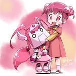  2015 blush_stickers child dated full_body happy_robo heart heart-shaped_pupils highres hoshizora_miyuki isedaichi_ken pink_eyes pink_hair precure robot short_hair short_twintails skirt smile smile_precure! socks standing symbol-shaped_pupils twintails younger 