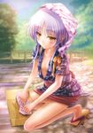  absurdres angel_beats! bandana bangs blush breasts bridge center_opening expressionless full_body geta goto_p head_scarf highres japanese_clothes kimono kneeling lavender_hair long_hair miniskirt no_bra no_socks outdoors rag red_skirt river rural sash short_kimono silver_hair skirt small_breasts solo sunlight tasuki tenshi_(angel_beats!) washboard water yellow_eyes 