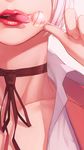 candy character_name choker close-up food highres light_smile lips lipstick lollipop makeup mouth prison_school red_background shiraki_meiko short_hair silver_hair simple_background solo tongue tongue_out vocky 