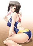  :o alternate_costume arched_back ass ayato back back_cutout bangs barefoot black_hair blurry breasts brown_eyes brown_hair competition_swimsuit depth_of_field dripping food girls_und_panzer gradient gradient_background highres holding holding_food kawashima_momo large_breasts monocle one-piece_swimsuit popsicle sexually_suggestive short_hair sitting solo swimsuit tongue tongue_out 
