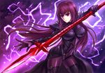  bodysuit breasts fate/grand_order fate_(series) gae_bolg large_breasts long_hair polearm purple_bodysuit purple_hair red_eyes scathach_(fate)_(all) scathach_(fate/grand_order) shingo_(picturepuzzle) sketch solo spear weapon 
