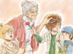  3boys :d annoyed bat_(hokuto_no_ken) beige_background black_hair blonde_hair blush brown_eyes brown_hair buckle child closed_eyes collarbone flower goggles grabbing grandmother_and_grandson hair_bun hand_on_another's_head highres hokuto_no_ken holding holding_flower jacket looking_away looking_to_the_side looking_up multiple_boys nisejuuji old_woman open_clothes open_jacket open_mouth over_shoulder pocket rose silver_hair simple_background smile sweater taki_(hokuto_no_ken) teeth toyo_(hokuto_no_ken) turban upper_body 