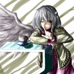  ao-shiba cup finger_to_mouth jacket kishin_sagume one_eye_closed open_clothes open_jacket red_eyes single_wing solo teacup touhou white_hair wings 