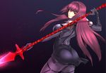 armor ass bodysuit fate/grand_order jyura lancer_(fate/grand_order) long_hair purple_hair red_eyes skintight spear weapon 