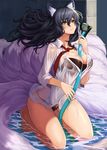  ahri animal_ears barefoot between_breasts black_bra black_hair black_panties bow bow_panties bra breasts buttons cat_ears collared_shirt dress_shirt dripping eyebrows eyebrows_visible_through_hair eyelashes floating_hair fox_tail goomrrat hair_between_eyes hose kneeling large_breasts league_of_legends long_hair looking_at_viewer multiple_tails necktie no_pants panties parted_lips partially_submerged pink_bow red_neckwear see-through shirt shower_head sleeves_past_elbows slit_pupils solo tail unbuttoned underwear water wet wet_clothes whisker_markings white_shirt yellow_eyes 