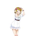  :d ^_^ belt blush bow bowtie bracelet center_frills closed_eyes dress green_bow green_neckwear hand_on_head head_wreath jewelry koizumi_hanayo love_live! love_live!_school_idol_project official_art open_mouth see-through shoulder_cutout smile solo standing sundress transparent_background white_dress 