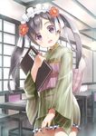  black_hair flower hair_flower hair_ornament highres japanese_clothes kimono long_hair looking_at_viewer maid_headdress menu moe2016 open_mouth original purple_eyes rin2008 short_kimono short_yukata smile solo twintails yukata yukata_maid 