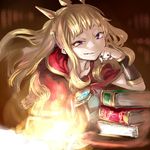  bad_id bad_pixiv_id blonde_hair book_stack bracer cagliostro_(granblue_fantasy) cape crown granblue_fantasy ikuhana_niiro long_hair looking_at_viewer purple_eyes smile solo 