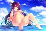  bandage barefoot breasts clouds danua granblue_fantasy horns kumashou_(nabeyama_kaidou) long_hair panty_pull pointed_ears purple_hair red_eyes sky water 