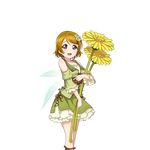  alternate_height bangs brown_hair cross-laced_clothes dandelion fairy fairy_wings flower frills green_skirt hair_flower hair_ornament holding holding_flower koizumi_hanayo looking_at_viewer love_live! love_live!_school_idol_project minigirl official_art open_mouth purple_eyes short_hair shoulder_cutout skirt solo swept_bangs transparent_background wings 
