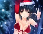  aoyama_sumika bikini_top black_hair breasts brown_eyes christmas cleavage coffee-kizoku cropped elbow_gloves hat heart original santa_hat 